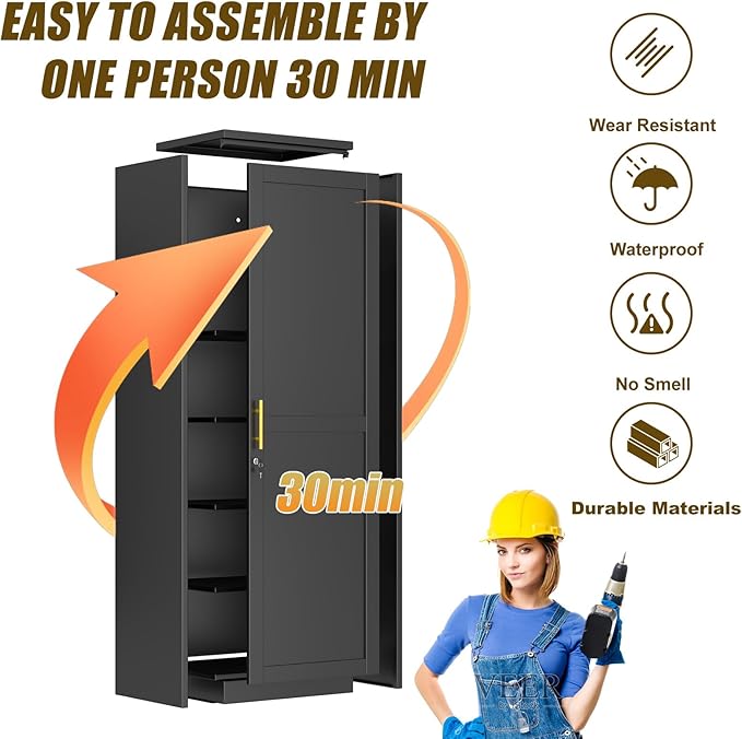 Metal Locker Cabinet, 19.7’’W Narrow Lockable Single File Storage Cabinet, Bathroom Cabinet with Lock and Adjustable Shelves for Living Room, Home Office, Kitchen, Black