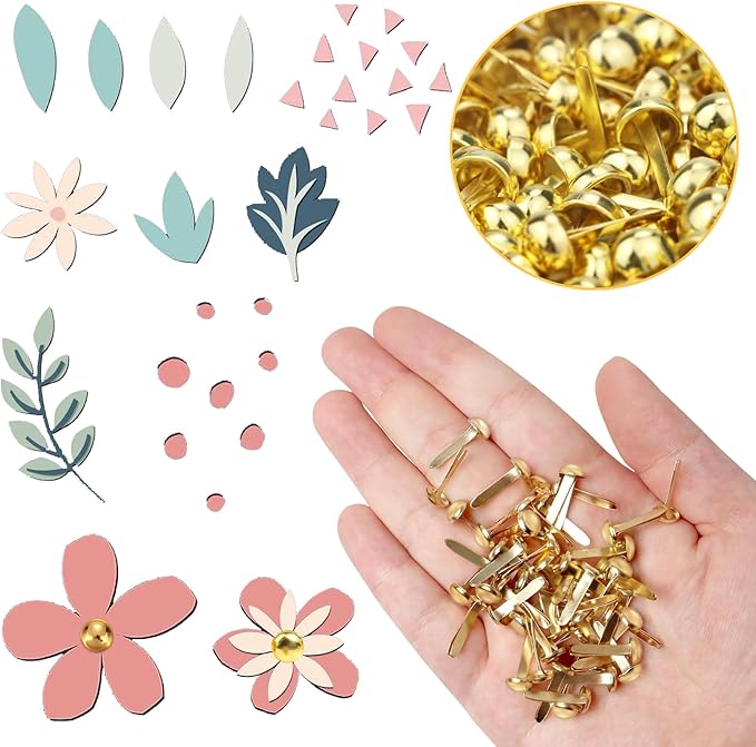 ADULLPONY 600Pcs Gold Brads, Paper Fasteners, 8x17.5mm Mini Brads, Split Pins, Round Head Brass Fasteners for Paper Crafts Supplies