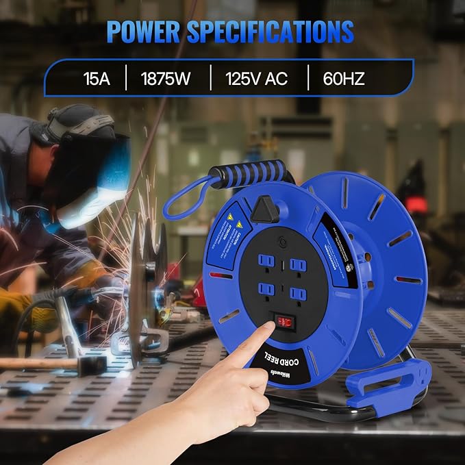 Extension Cord Storage Reel with 4-Grounded Outlet & 2 USB Port, 15A Circuit Breaker, Heavy Duty Open Cord Reel for 12/3,14/3 Gauge Power Cord, Hand Wind Retractable, ETL Listed Blue U85CR06