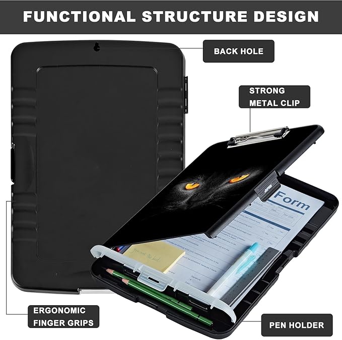 Clipboard with Storage,Heavy Duty Plastic Storage Clipboard with Low Profile Clip,Teacher Must Haves,Office Supplies,Black Cat Eyes