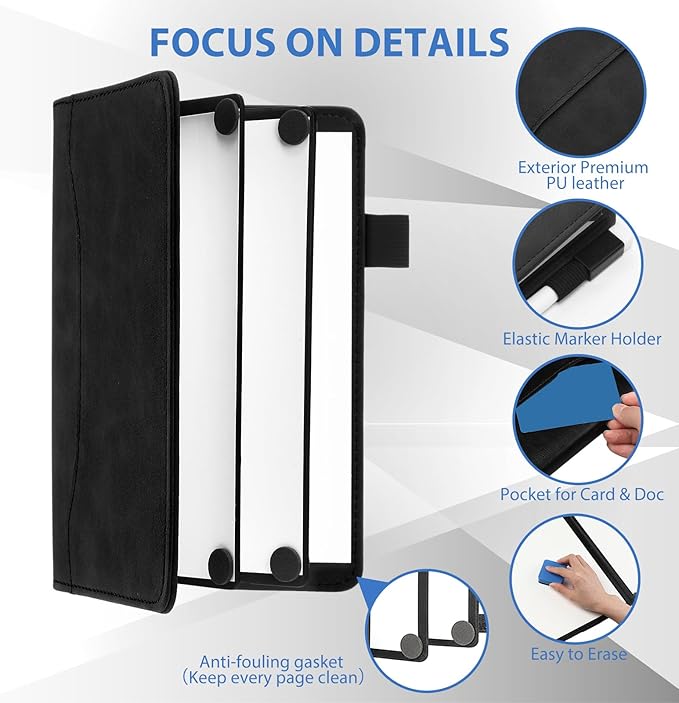 6 Sides Whiteboard Notebook Portable Whiteboard Dry Erase Notebook Portable Dry Erase Board Double Sided Folding Whiteboards White Board for Office Study Meeting(Black,A6: 4.5"×6”)