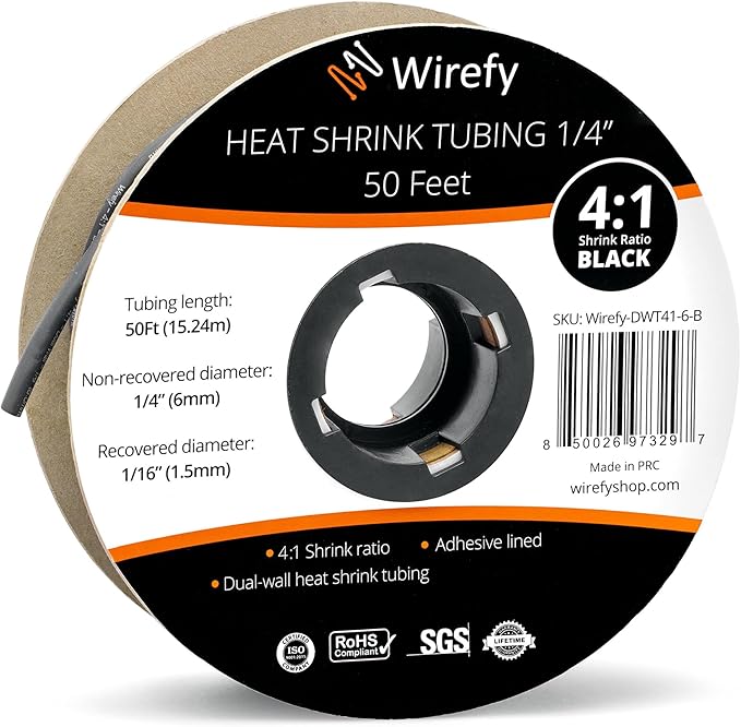 Wirefy 1/4" Heat Shrink Tubing - 4:1 Ratio - Adhesive Lined - Marine Grade Heat Shrink - 50 Feet Roll - Black