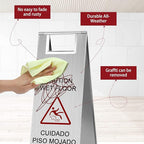 LEIFIDE 4 Pcs Stainless Steel Wet Floor Caution Sign Bulk 8.8 Pound Portable Foldable Handle Bilingual Safety Sign for Kitchen Restaurant Shop Commercial Use Avoid Fall and Slip Accident (Silver)