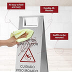 Kigley 2 Pcs Wet Floor Sign, 24 Inch Stainless Steel Caution Wet Floor Sign Double Sided Portable Foldable Bilingual Safety Warning for Hotel Market Restroom Restaurant Office (Silver)