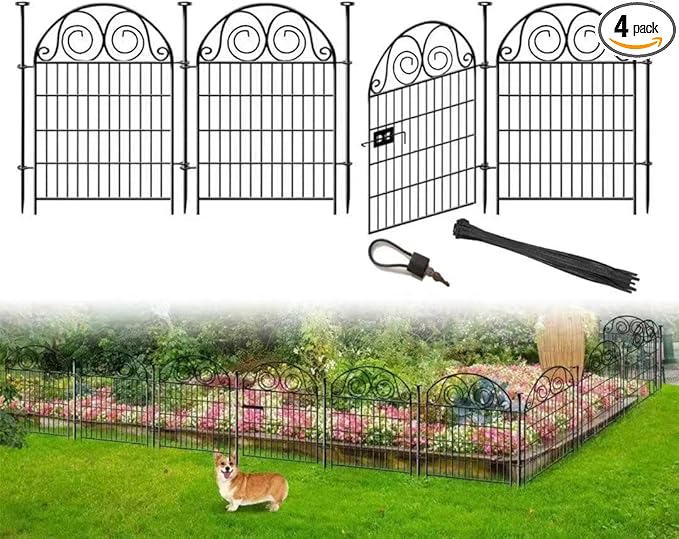 Tall Garden Fence with Gate, 40 Inch(H) 4 Panels Dog Fence Outdoor for Yard, Total Length 8.8 Ft Metal Decorative Fences│Patented