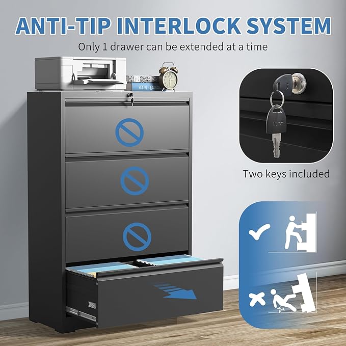 File Cabinets 4 Drawer,Metal Office Storage Filing Cabinet with Lock,Black Lateral Filing Cabinet for Home Office,Horizontal Locking File Cabinet for Legal/Letter/A4 Files,Assembly Required