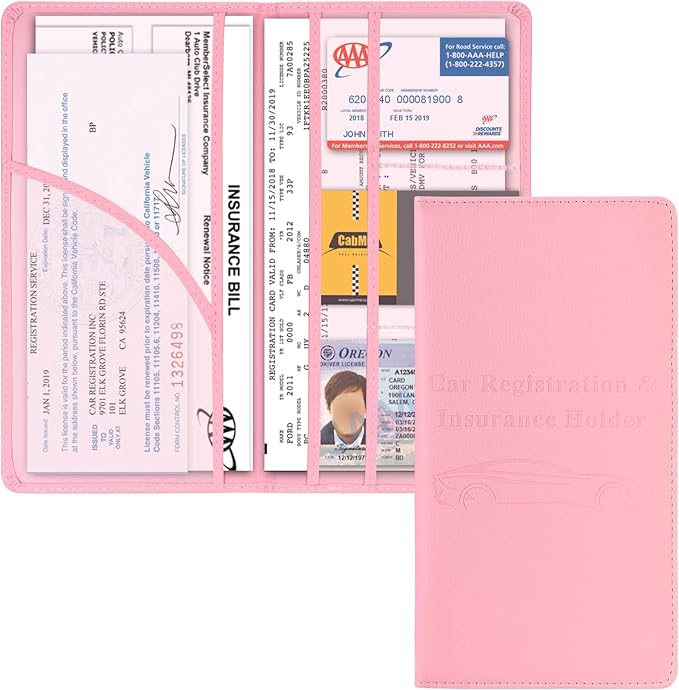 Cacturism Car Registration and Insurance Holder, Car Accessories Vehicle Glove Box Car Organizer Women Car Accessories with Magnetic Shut for Cards, Essential Document, Driver License, Pink