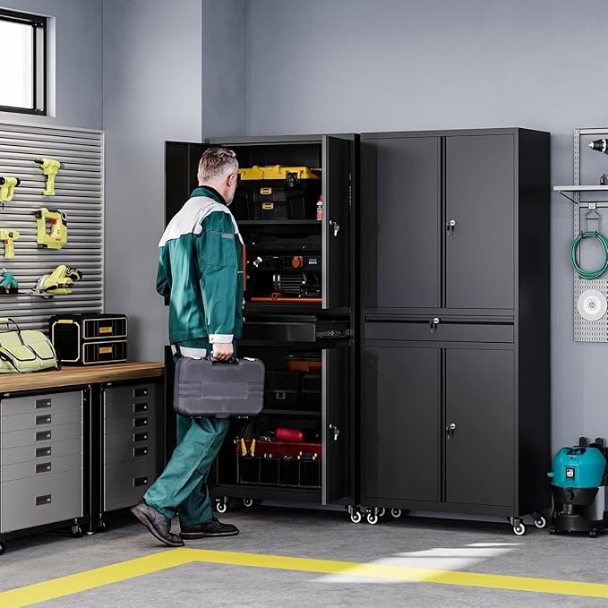 Letaya Metal Garage Storage Cabinet with Wheels,Rolling Tool Cabinet with 4 Door Lock-Adjustable Shelves and 1 Drawer for Garage Home Office Utility Room (Black with Wheels)