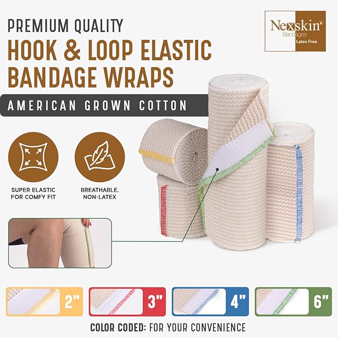 Premium Elastic Bandage Wrap (6” Wide, 2 Pack) - Nexskin Latex Free Athletic/Medical Compression Bandages Hook & Loop Fasteners at Both Ends - Lifetime Washable & Reusable Bandages