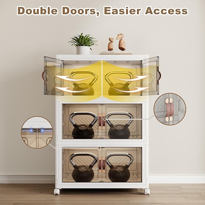 SAILUN 240QT Stackable Storage Bins with Lid, Collapsible Storage Bins With Doors and Wheels, Folding Plastic Cabinet Containers for Home Kitchen Closet Organization, 3 Pack