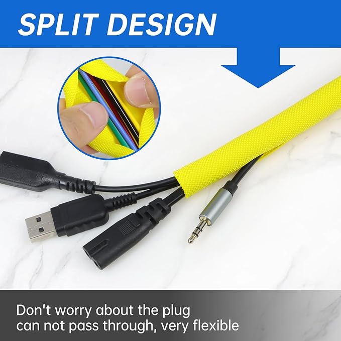 Split Braided Cable Sleeve，Flexible Wire Loom Tubing, Automotive Cord Protector Pet Proof, Cable Management for Computer TV Electric Wires Harness 16ft (Yellow, 5mm（3/16")