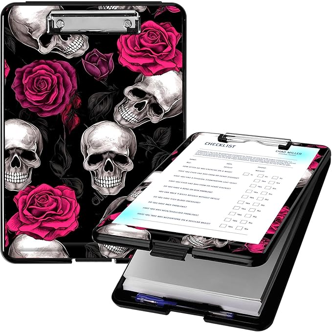 Clipboard with Storage, High Capacity Plastic Storage Clipboard with Low Profile Clip for Women Teachers Work, School & Office Supplies, Cute Pattern Decorative Clipboards, Skull Rose