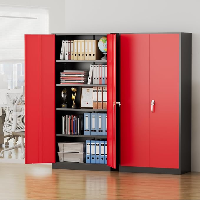 Pataku Metal Storage Cabinet, 72" Garage Cabinet with Doors and Shelves Lockable Steel Multifunctional Cabinets, File Cabinets for Home, Office, Warehouse(Black Red)
