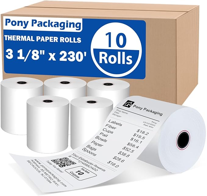 10 Rolls 3 1/8 x 230 Thermal Paper Receipt Rolls Cash Register POS Receipt, Thermal Ppaper Rolls Fits All Credit Card Terminal BPA Free Receipt Paper- Pony Packaging, White