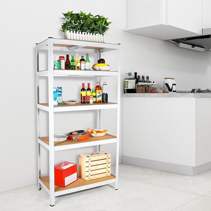 5-Tier Laminated White Metal Shelving Unit, Adjustable Heavy Duty Storage Rack for Garage, Pantry, Basement, Kitchen – 29" W x 12" D x 59" H – Multipurpose, Boltless Design