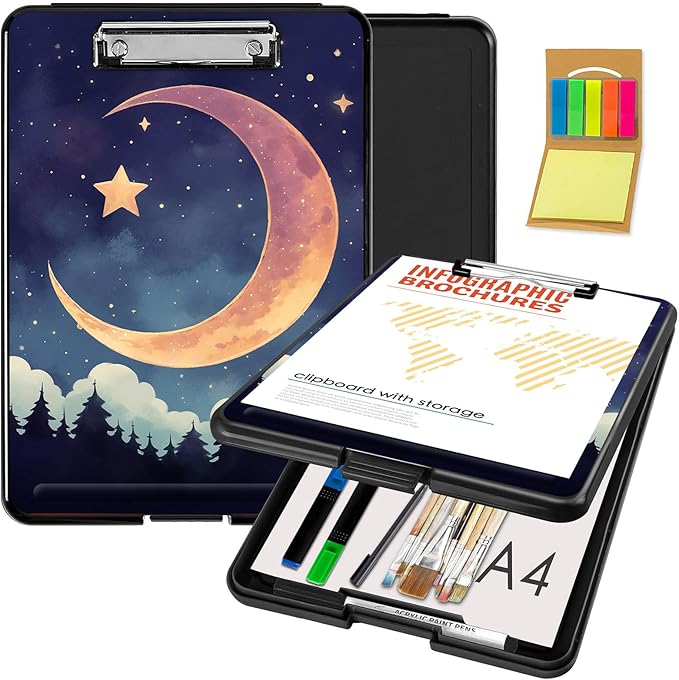 Clipboard with Storage,Office Supplies Nursing Clipboards Folder with Pen Holder Plastic Foldable Clip Board with Storage for Nurse Teacher,Moon Forest