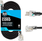 12 Gauge Outdoor Extension Cord 50 ft, SJTOW Oil Resistant & Flame Retardant, 12/3 Black Heavy Duty Extension Cord 50ft with 3 Prong for Farm, Ranch, Workshop, Major Appliances
