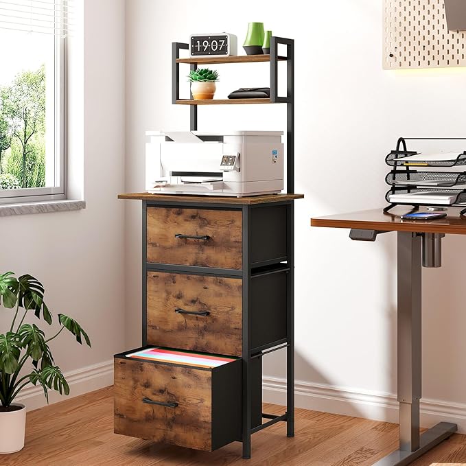 Snughome 3 Drawer Tall File Cabinet with 19.7'' Extended Desktop, 3-Tier Filing Cabinet for Home Office 51.6''H Vertical File Cabinet Printer Stand for Home Office,Fits A4/Letter/Legal,Rustic Brown