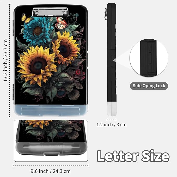 Clipboard with Storage,Clip Boards 8.5X11 with Storage & Pen Holder,Heavy Duty Plastic Nursing Clipboards Foldable,Coaches Clipboard Folder Case,School Office Supplies，Sunflower Butterfly