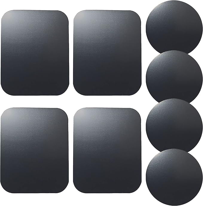 Replacement Metal Plates Set (8 Pack) for Magnetic Car Phone Holders, Wall, Air Vent Mounts, Cases, Magnets. Kit of 4 Black Round and 4 Rectangular Iron Discs Without Holes. 3M Adhesive Backing.