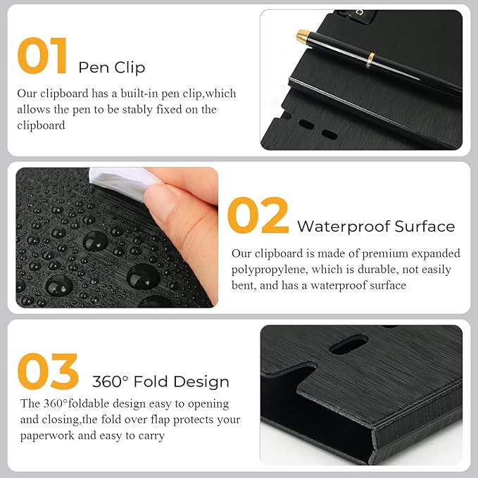 Y YOMA Clipboard Folder, A4 Foldable Plastic Clipboard with Metal Clip, 360° Rotating Cover, Waterproof Work Folder for Home, Office, School, Field Work, Outdoor - 2 Pack, Black