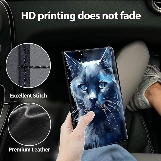 Car Registration and Insurance Holder, Leather Car Glove Box Organizer, Cool Car Accessories for ID, Driver's License Cards & Essential Document,business cards,Men&Women,Blue Cat