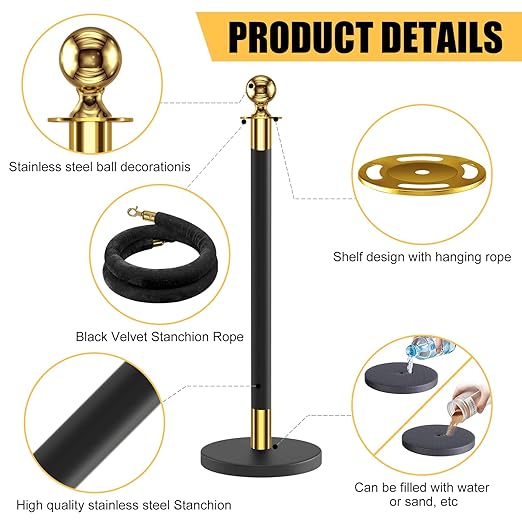 kaiyomi 4Pcs Stanchions with Black Velvet Ropes Set, 5 Feet Velvet Ropes and Posts Poles for Red Carpet Party Decoration and 360° Photo Booth (Golden & Black)