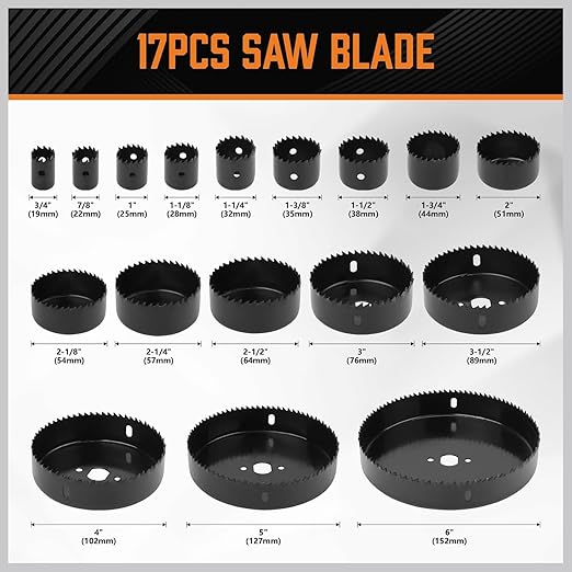 HORUSDY Hole Saw Set 24PCS Hole Saw Kit,Hole Saw Drill Bit Kit, 3/4"-6" (19-152mm) 17PCS Saw Blades, 2 Mandrels, 3 Drill Bit, Installation Plate, Hex Key, For Drywall, Soft Wood, Plywood, Plastic, PVC