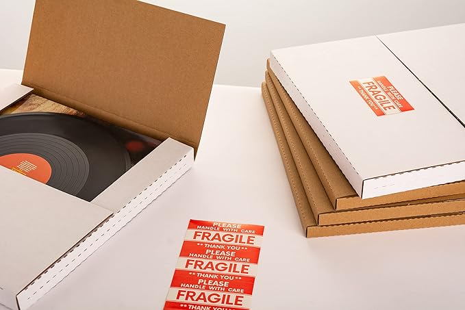 White 12" Vinyl Record Shipping Boxes, 12.8"L x 12.8"W x 1"H Corrugated Cardboard LPs Album Mailers Boxes with Fragile Stickers, 20 Pack