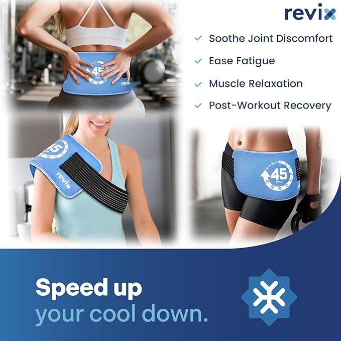 REVIX 45-Minute Long-Lasting Gel Ice Packs Reusable with Ice Grid Gel Design, Soft Cold Packs for Knee & Back with Adjustable Strap, Cold Compression Therapy for Enhancing Comfort, 14 × 7", 2 Packs