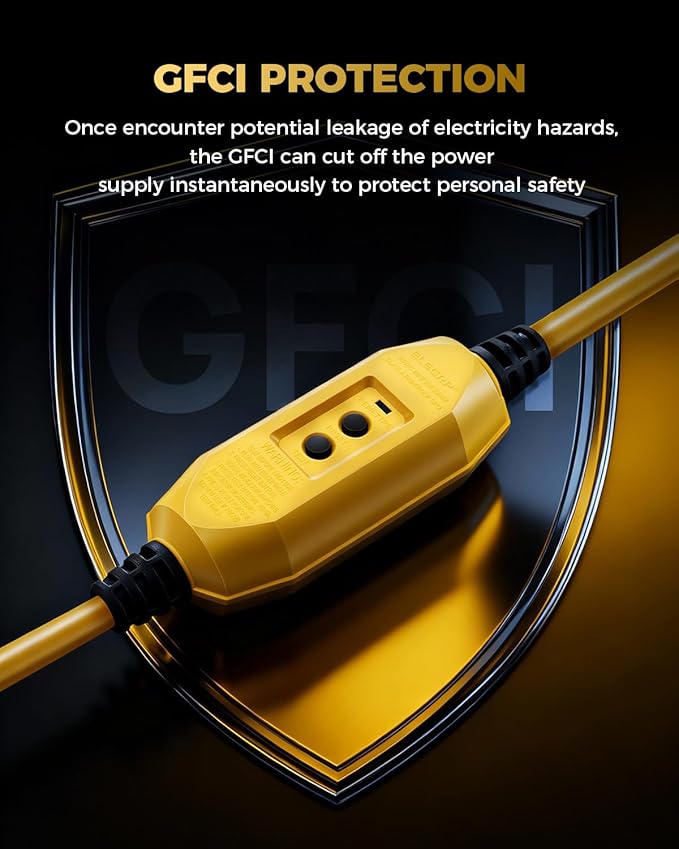 3 FT Auto GFCI Extension Cord Outdoor with 3 Prong Plugs, 12/3 SJTW Heavy Duty Power Cable with Multiple Outlets, 3 Outlets with Indicator Light, UL Listed, Yellow