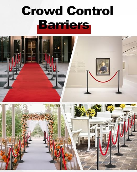 RoadHero Plastic Stanchion Post, Black Velvet Ropes and Poles with Weighted Base, Ropes Safety Barriers for Crowd Control, Party and Movie Theater, 2 PCS