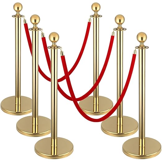 6pcs Gold Stanchions and Red Velvet Ropes 4pcs, Red Carpet Ropes and Poles, Red Carpet Divider Stands Party Decorations, Gold Stanchions Queue Barrier Reception with Fillable Plastic Base