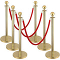 6pcs Gold Stanchions and Red Velvet Ropes 4pcs, Red Carpet Ropes and Poles, Red Carpet Divider Stands Party Decorations, Gold Stanchions Queue Barrier Reception with Fillable Plastic Base