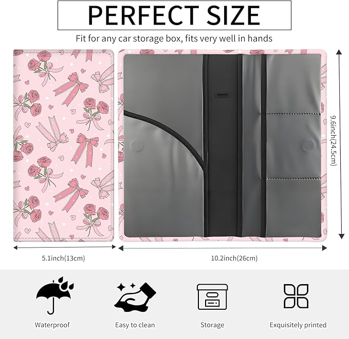 Premium Car Registration and Insurance Card Holder, Cute PU Leather Car Document Holder, Vehicle Glove Box Car Organizer with Magnetic Closure for Driver License, Cards Pink Rose Ribbon Bows