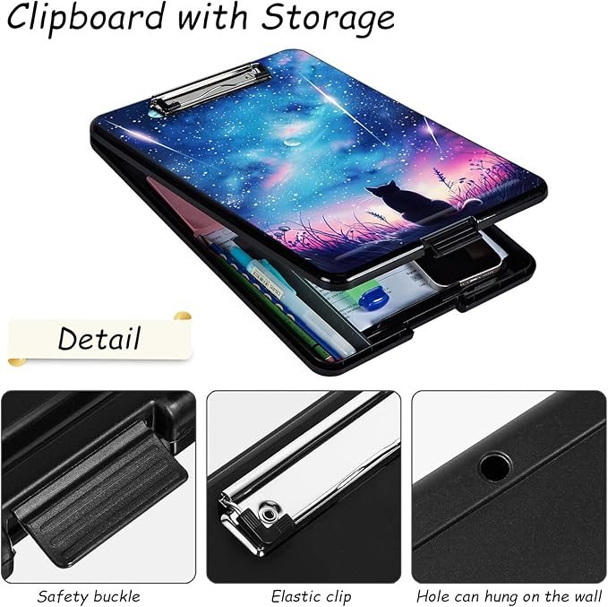 Clipboard with Storage, High Capacity Plastic Storage Clipboard with Pen Holder for for Women Teachers Work, School & Office Supplies, Cute Pattern Decorative Clipboards, Cat Under The Stars