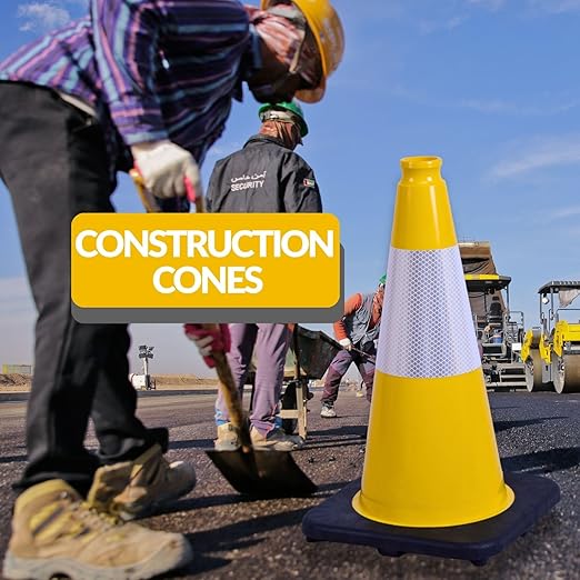 BESEA 8Pack 18 Inch Yellow Traffic Cones with 6 Inch Reflective Collar, Heavy Duty PVC Safety Cones with 10.5 x 10.5 Inch Base for Parking, Driving Practice, Sports Training, and Construction
