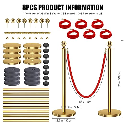 kaiyomi 8Pcs Stanchions with Red Velvet Ropes Set, 5 Feet Velvet Ropes and Posts Poles for Red Carpet Party Decoration and 360° Photo Booth (Golden)