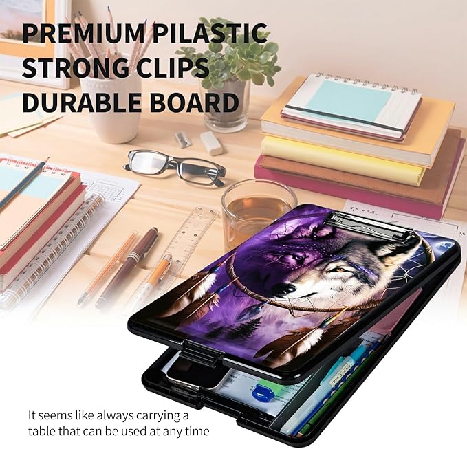A4 Clipboards,Heavy Duty Waterproof Nursing Plastic Folder Clipboard with Storage Clip Boards,File Folder Storage Box Clipboard Case for Teacher,Doctor,Offices,Dream Catcher Wolfs