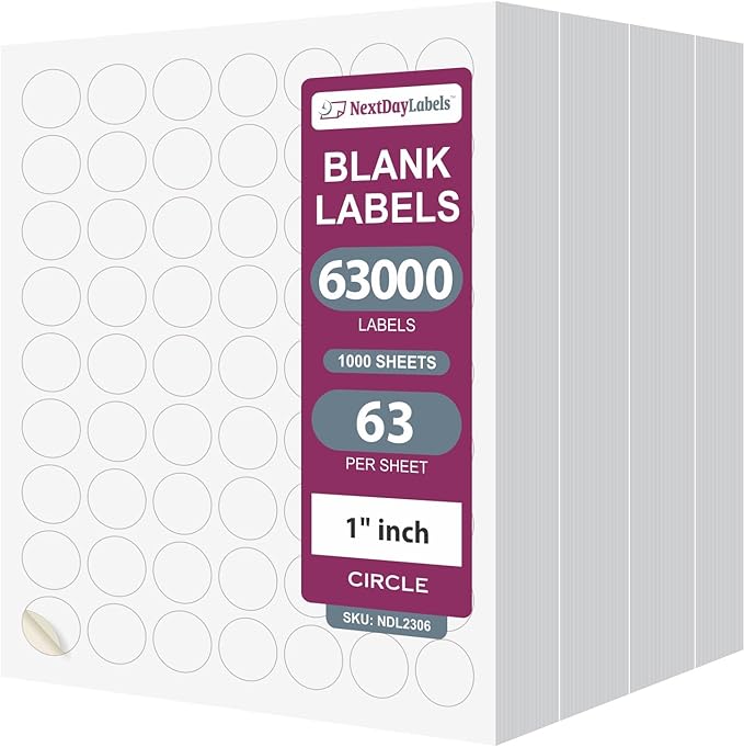 NextDayLabels - 1 Inch Round Labels - Matte White, Blank Circle Stickers for Laser/Inkjet Printers (1000 Sheets, 63000Labels)