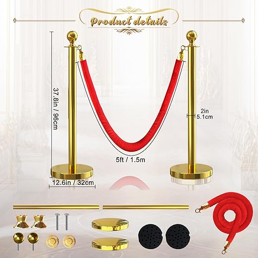 2Pcs Gold Stanchion Post Queue Velvet Ropes and Posts with Soild Base and 1pcs 5 Ft Red Velvet Ropes Carpet Ropes Posts Stanchion Set Crowd Control Barriers for Party Supplies