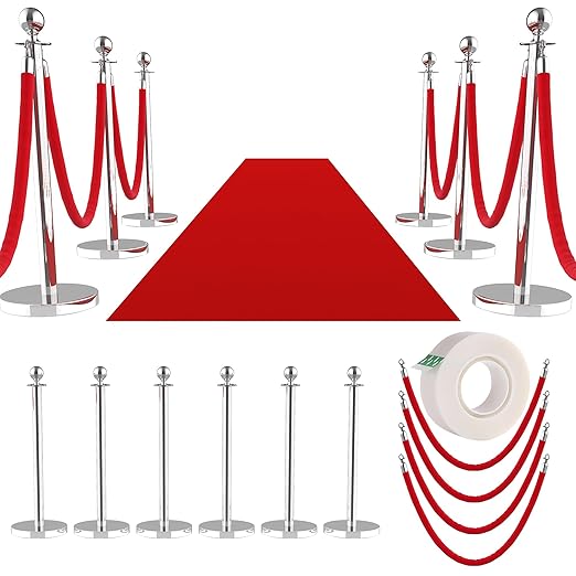 8Pcs Stainless Steel Stanchion Posts with 5ft Red Velvet Ropes - Crowd Control Barriers & Queue Line Kit with 26ft Red Carpet for Wedding, Party, Theater Supplies