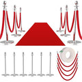8Pcs Stainless Steel Stanchion Posts with 5ft Red Velvet Ropes - Crowd Control Barriers & Queue Line Kit with 26ft Red Carpet for Wedding, Party, Theater Supplies
