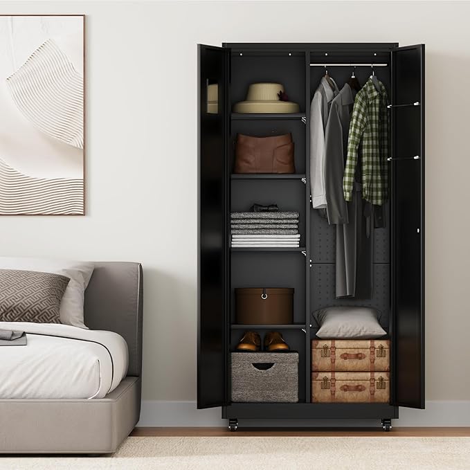 Synorla Metal Storage Cabinet with Lock, 72" Clothing Coat Steel Wardrobe Cabinet with Wheel, Tall File Tool Cabinet Employees Locker Closet with Hanging Rod for Home Office, Garage, Gym