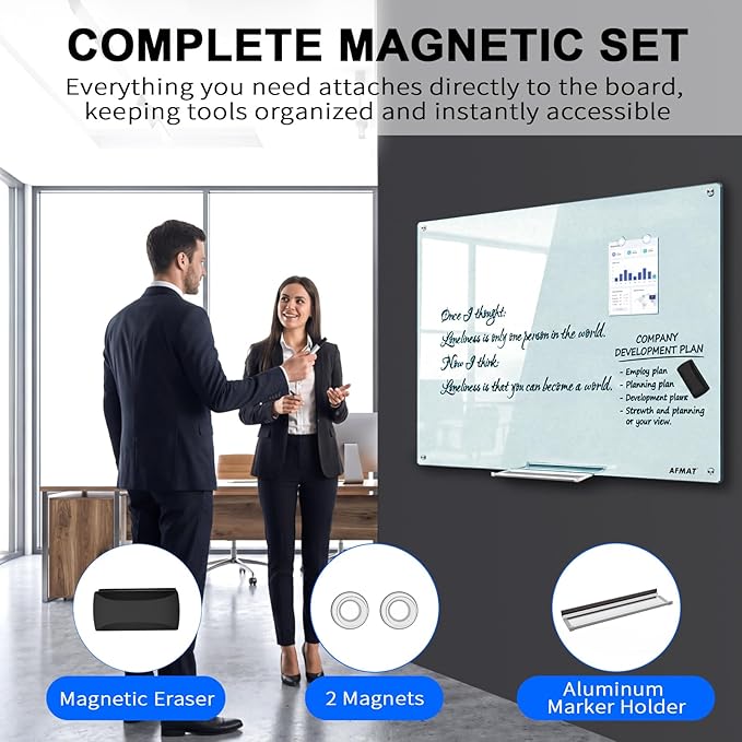 AFMAT Magnetic Glass Whiteboard, 48" x 36" Glass Dry Erase Board, 4mm Tempered Glass w/Strong Magnetic Surface, Large White Board for Wall, Frameless Wall Mounted White Board for Office Home School