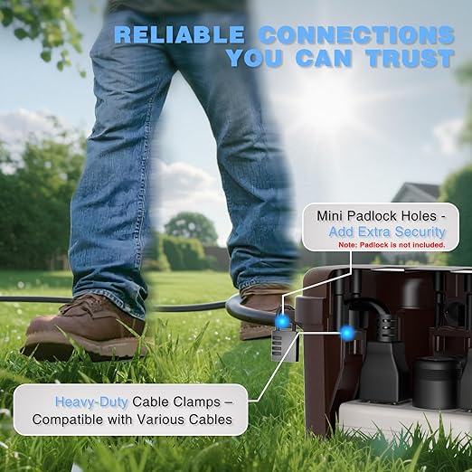 Flemoon Medium Outdoor Electrical Box (11.5x5.2x4 inch), IP54 Waterproof Extension Cord Cover w/6 Cable Entry Ports, Weatherproof Connection Box for Power Strip, Timer, Plug, Holiday Lights, Brown