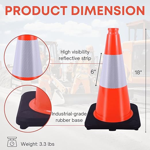 18" Traffic Safety Cones Orange Road Cones, Construction Cone with Rubber Base & Reflective Collars, Restorable Parking Cones, Heavy Duty Road Cones for Traffic Control & Road Safty(8 Pack）