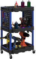 HOMCOM 3-Tier Rolling Tool Cart with Wheels, 200 LBS Capacity Plastic Utility Cart with Side Shelves, Mobile Service Tool Organizer for Garage, Warehouse, Workshop, Black and Dark Blue