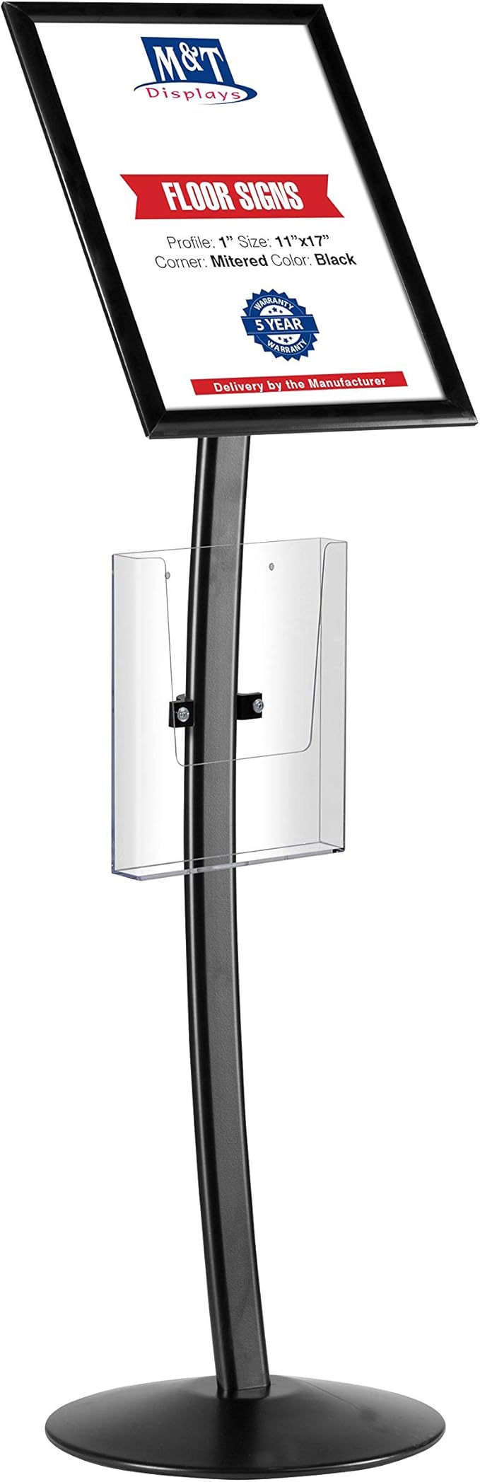 M&T Displays Curved Menu Board 11x17 Inch Pedestal Sign Holder with 8.5x11 Inch Brochure Holder Black Floor Standing Aluminum Front Loading Easy Open Poster Message Advertisement Post