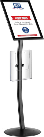 M&T Displays Curved Menu Board 11x17 Inch Pedestal Sign Holder with 8.5x11 Inch Brochure Holder Black Floor Standing Aluminum Front Loading Easy Open Poster Message Advertisement Post
